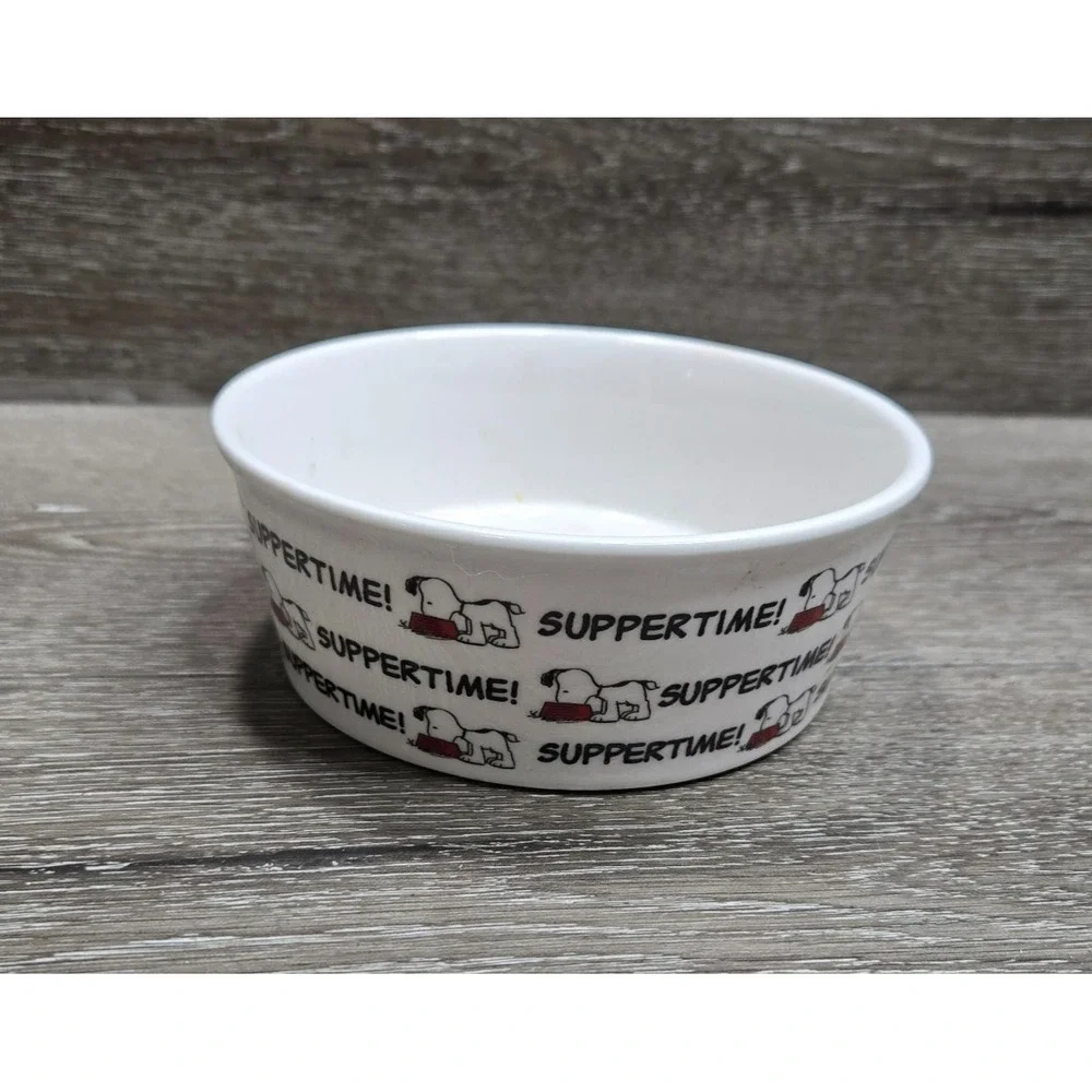 Vintage Peanuts Snoopy Suppertime Ceramic Pet Dog Feeding Bowl White
